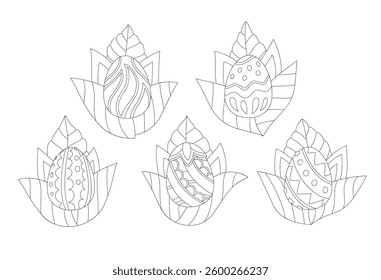 Vector coloring book illustration featuring a set of detailed easter eggs with unique patterns nestled in stylized leaves
