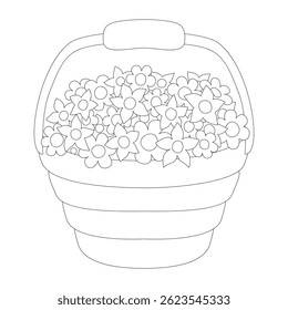 Vector coloring book illustration of a flower filled basket isolated on the white background