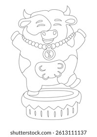 Vector coloring book illustration of a joyful cow with a necklace on a pedestal