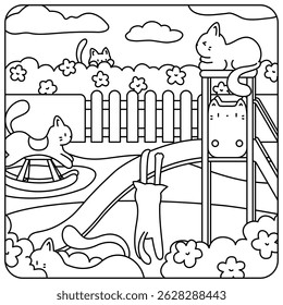 [Vector] Coloring book illustration that have cats playing in cat-theme playground