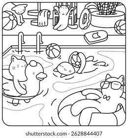 [Vector] Coloring book illustration that have cats playing in swimming pool. Chill, lazy and relax.