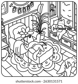 [Vector] Coloring book illustration that has cats living in a cozy house together. One cat is playing a guitar. Another cat is lying down on the sofa. Other cats are lying down on the floor,shelf.