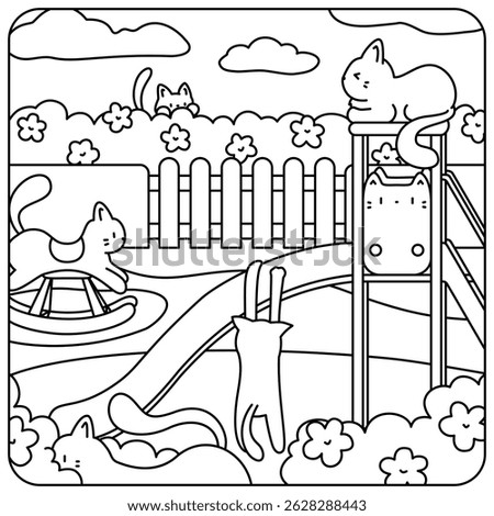 [Vector] Coloring book illustration that have cats playing in cat-theme playground