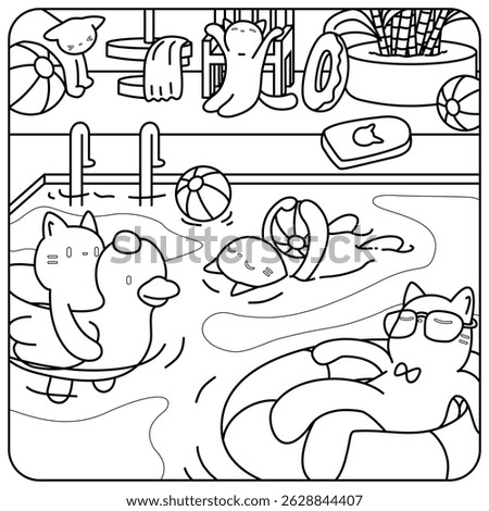 [Vector] Coloring book illustration that have cats playing in swimming pool. Chill, lazy and relax.