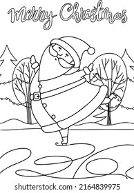 Vector coloring book with an image of Santa skating and the inscription Merry Christmas. Black and white illustration for children, drawn in cartoon style.  Vector illustration for design, prints