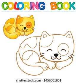 Vector coloring book for kids. A simple level with a colored outline for preschoolers. Cheerful cartoon sleeping spotted kitten, pet curled up and resting