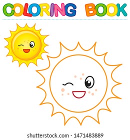 Vector coloring book for kids. A simple level with a colored outline for preschoolers.Cute bright yellow sun with a joyful smile
