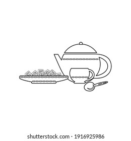 Vector coloring book for kids with teapot, cup and cookies . Black and white items.