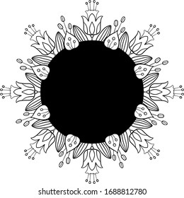 Vector coloring book with linear decorative flowers, leaves, stamens on a white background in cartoon style. Frame of plants