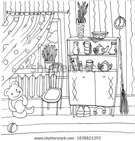 Vector coloring book in lineart style. vintage kitchen cabinet with pots, cups, utensils against a striped wall background for your coloring