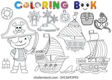 Vector coloring book with little pirate, pirate sailing elements illustration