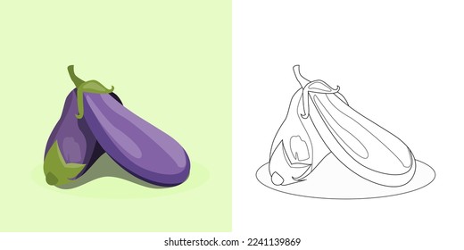 Vector coloring book for meditation and relax. Ripe eggplants on white background. Black and white image. vector illustration