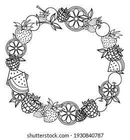 Vector Coloring Book For Meditation And Relax.Fruit Wreath.Black And White Image On White Background Of Isolated Elements.Cherries,watermelon,strawberries,citrus.illustration.copy Space.Mock Up