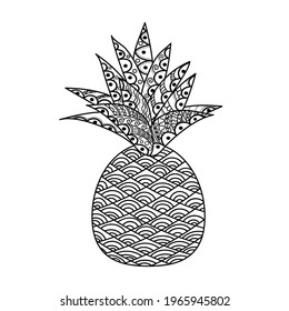 Vector coloring book for meditation and relax.Fruits.Black and white image on a white background of isolated elements.Delicious pineapple