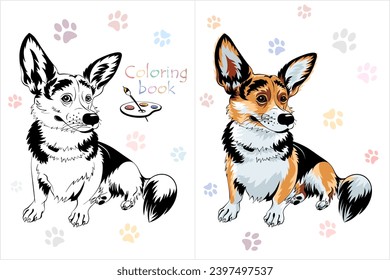 Vector Coloring Book page 1 of dog Pembroke Welsh corgi breed sitting and smiling