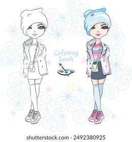 Vector Coloring Book page 19 of Girl in beanie, striped shirt, jacket, and skirt, ready for coloring