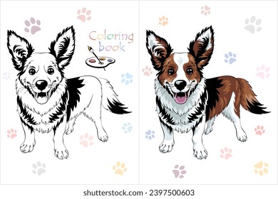 Vector Coloring Book page 2 of dog Pembroke Welsh corgi breed staying and smiling