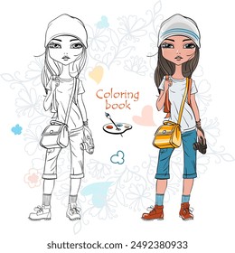 Vector Coloring Book page 21, Girl in beanie, T-shirt and capris with camera, ready for coloring