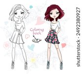 Vector Coloring Book page 22, Girl with short hair, floral skirt, and top, ready for coloring