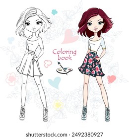 Vector Coloring Book page 22, Girl with short hair, floral skirt, and top, ready for coloring