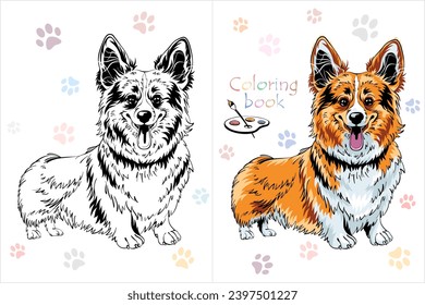Vector Coloring Book page 3 of dog Pembroke Welsh corgi breed staying and smiling