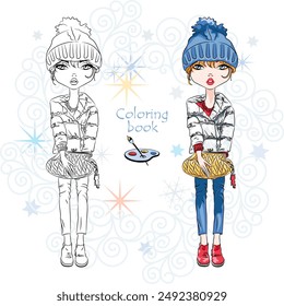 Vector Coloring Book page 8 of Girl in beanie, winter jacket, and pants, ready for coloring.