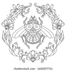 vector coloring book page for adult. stylized cartoon image, insect with floral pattern in zentangle art-style