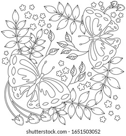 vector coloring book page for adult. stylized cartoon image, two butterfly with floral pattern in zentangle art-style.