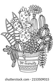 Página del libro Colorante de vectores para adultos. Conjunto de succulantes o cactus dibujados a mano en macetas. Doodles Suculento blanco y negro