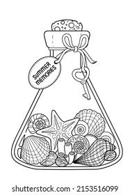 Vector Coloring book page for adult. Set of seashell in a glass bottle for summer memories