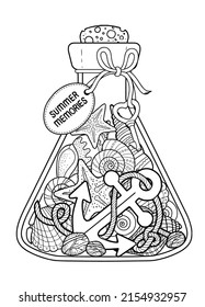 Vector Coloring book page for adult. Set of seashell in a glass bottle for summer memories