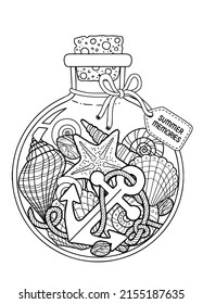 Vector Coloring book page for adult. Set of seashell in a glass bottle for summer memories