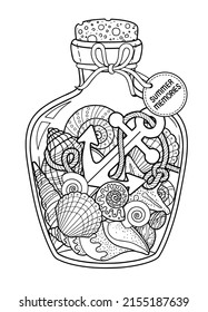 Vector Coloring book page for adult. Set of seashell in a glass bottle for summer memories