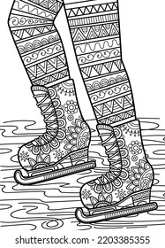 Vector coloring book page for adult. Black and white ice skates with pattern in a mandala style