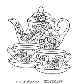 Vector coloring book page for adult. Black and white illustration of Tea service with an elegant floral ornament. Cup and teapot on white background