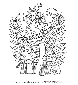 Vector coloring book page for adult. Black and white illustration of an amanita mushrooms, shell and butterfly among plants