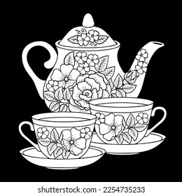 Vector coloring book page for adult. Black and white illustration of Tea service with an elegant floral ornament. Cup and teapot on black background