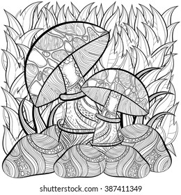 Vector coloring book page for adult. Scene with 2 mushrooms. Ethnic anti stress pattern in zentangle style. square form