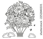 Vector coloring book page for adults. Black and white illustration of Hot air balloon shape made up a lot of made of roses
