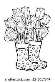 Vector coloring book page for adults. A bouquet of tulips stands in rubber boots instead of a vase. Black and white illustration