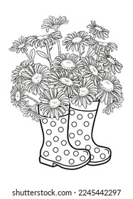 Página del libro de colorear vectores para adultos. Un ramo de camomilas se pone en botas de goma en lugar de un jarrón. Ilustración en blanco y negro