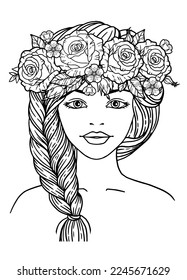 Vector coloring book page for adults. Black and white illustration. A beautiful girl with a braid and a wreath of roses on her head