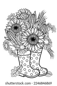 Página del libro de colorear vectores para adultos. Ropa de maíz, girasol y camomilas colocadas en botas de goma en lugar de un jarrón