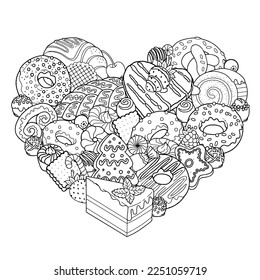 Vector coloring book page for adults. Black and white outline illustration of sweet food, candies, cakes, desserts, bakery products. Background for coloring in the shape of a heart