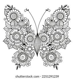 Vector coloring book page for adults. Black and white illustration of a beautiful butterfly from flowers