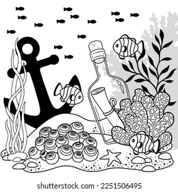 Vector coloring book page for adults. Black and white background illustration of underwater life, sea creature, shell, algae and fish