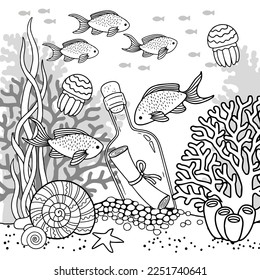 Vector coloring book page for adults. Black and white background illustration of underwater life, sea creature, shell, algae and fish