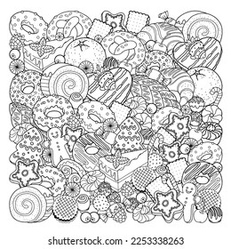 Vector coloring book page for adults. Black and white outline illustration of sweet food, candies, cakes, desserts, bakery products. Background for menu template