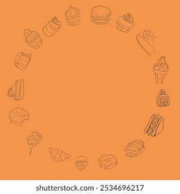 Página de libro para colorear de Vector para adultos de comida dulce, dulces, pasteles, postres, productos horneados. Ilustración minimalista de contorno negro naranja en forma redonda.