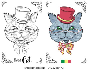 Vector coloring book page of a British cat wearing a top hat and glasses, ready for coloring